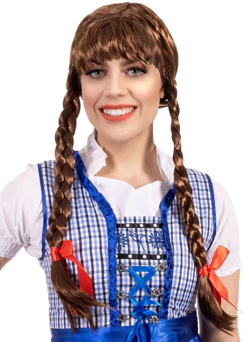 Long Brown Plaited Womens Costume Wig with Fringe