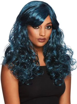 Long Curly Blue and Black Gothic Womens Costume Wig