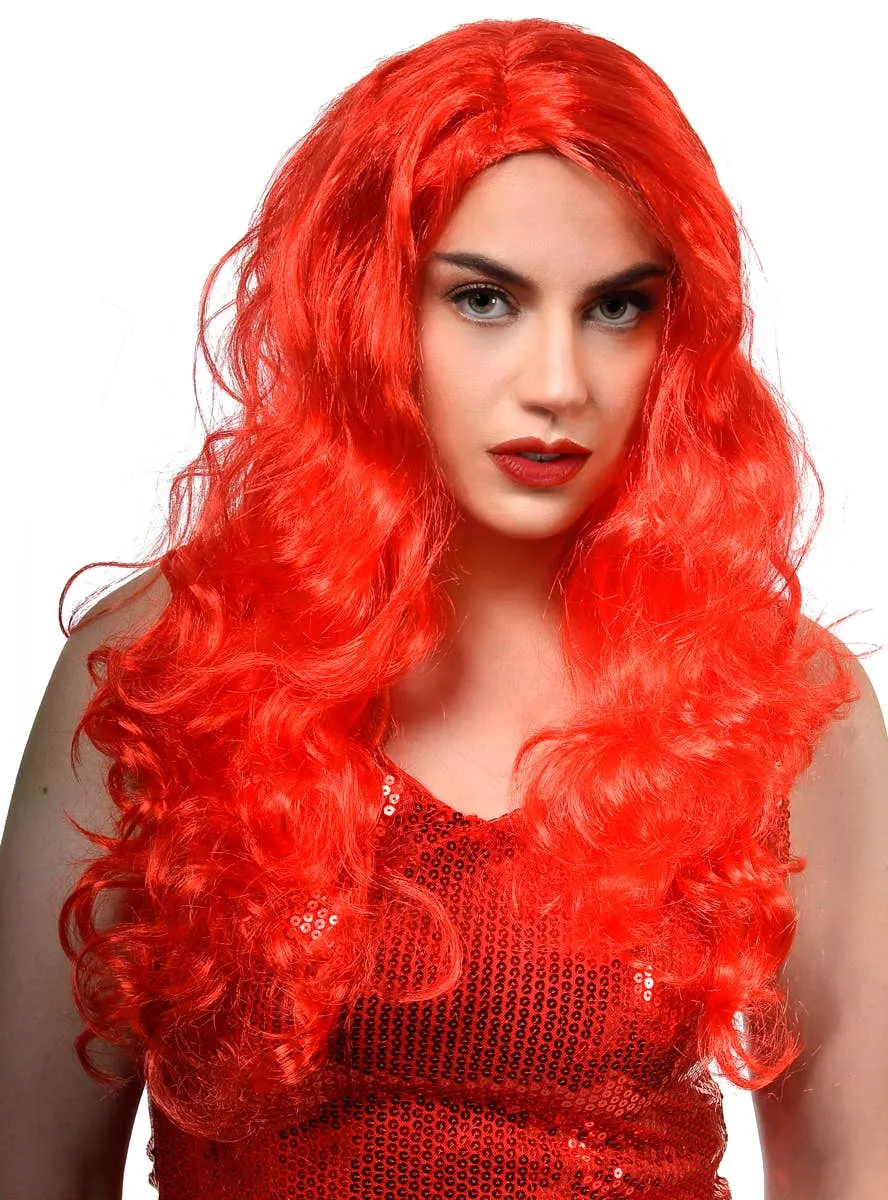 Long Curly Bright Red Womens Costume Wig