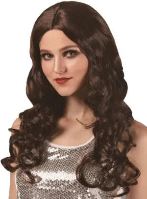 Long Curly Brown Centre Part Womens Costume Wig