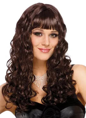 Long Curly Brown Womens Costume Wig with Fringe