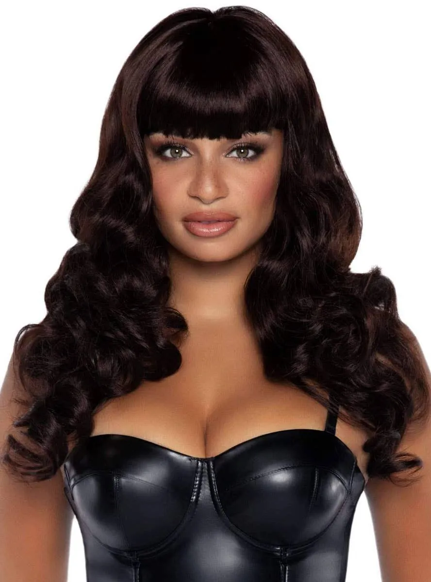 Long Curly Dark Brown Womens Costume Wig with Fringe
