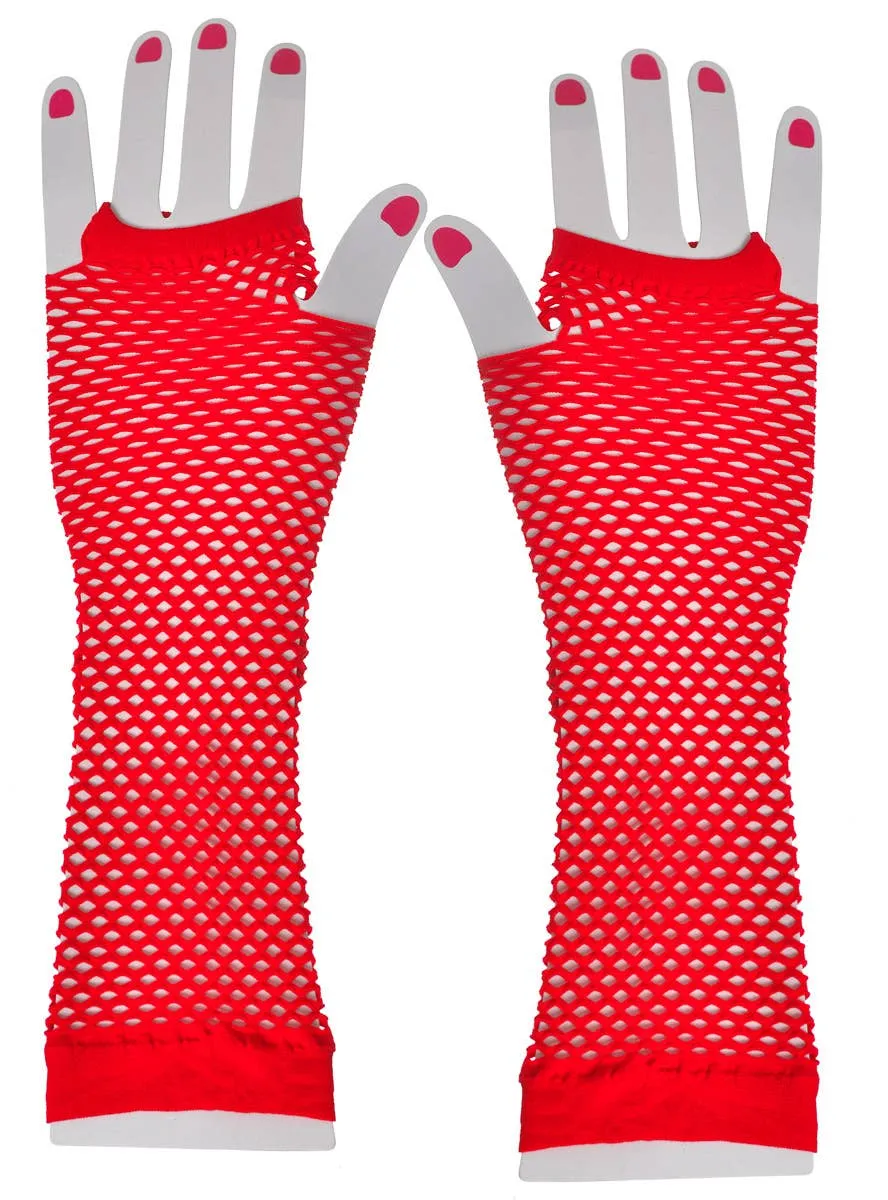 Long Elbow Length Red Fishnet Costume Gloves