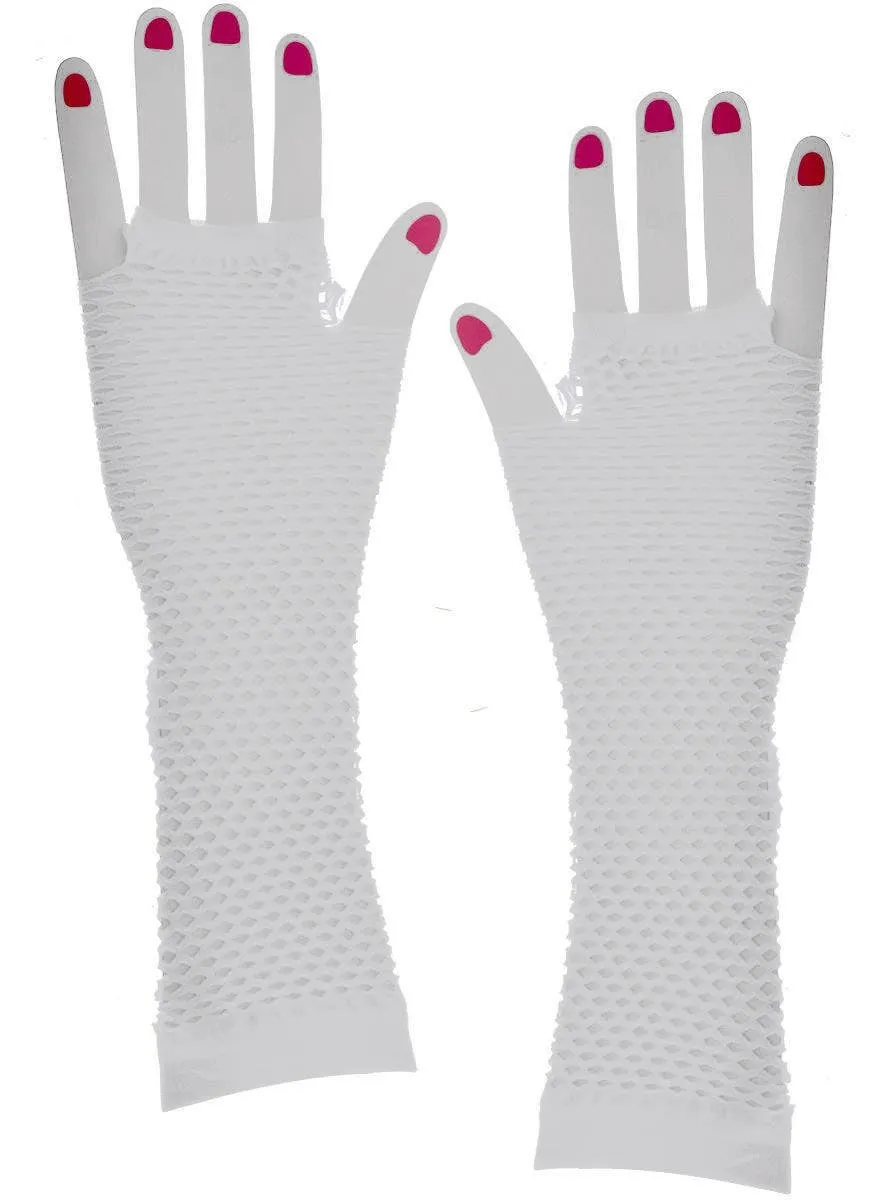 Long Elbow Length White Fishnet Costume Gloves
