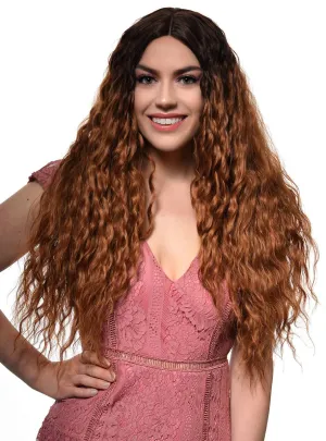 Long Ginger Rooted Fashion Wig with Tight Waves and Lace Part