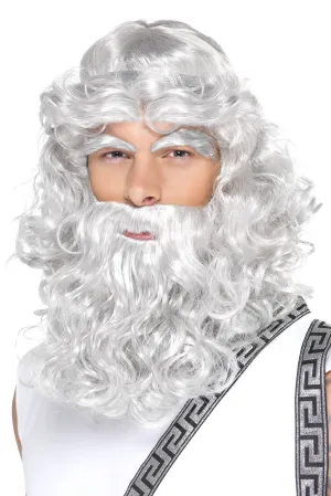 Long Grey Wavy Zeus Beard Facial Hair Set