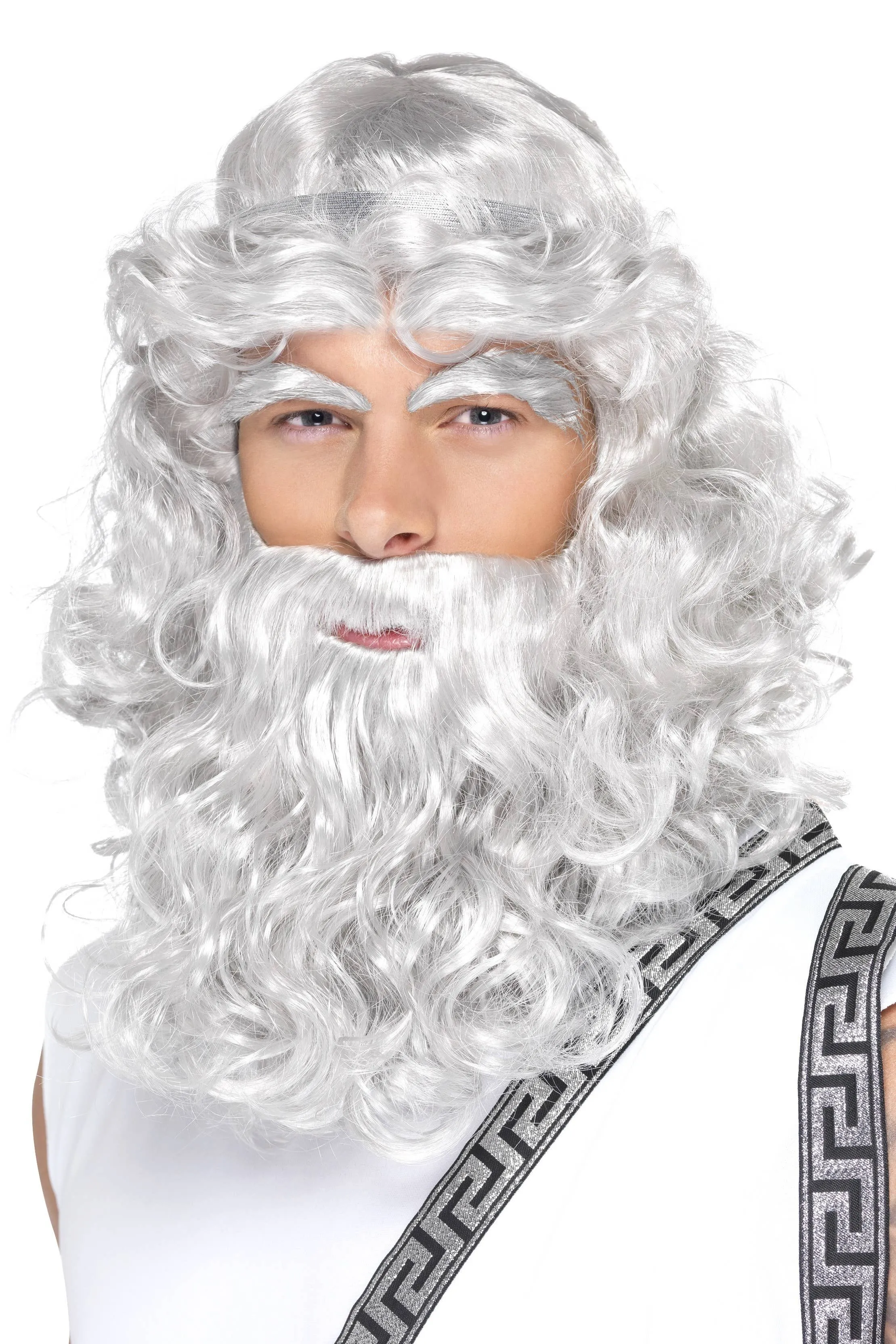 Long Grey Wavy Zeus Beard Facial Hair Set