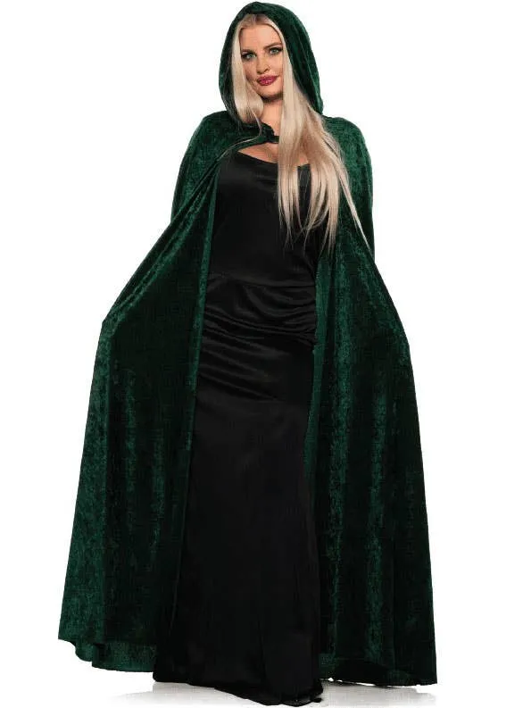 Long Hooded Dark Green Velvet Womens Costume Cape