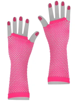 Long Hot Pink 1980s Fishnet Costume Gloves