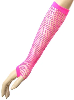Long Neon Pink 80s Fishnet Costume Gloves