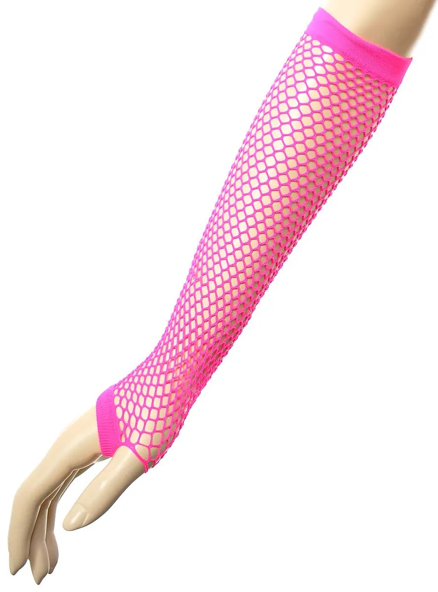 Long Neon Pink 80s Fishnet Costume Gloves