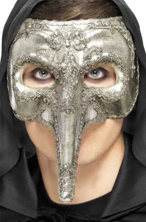 Long Nose Antiqued Silver Venetian Masquerade Mask