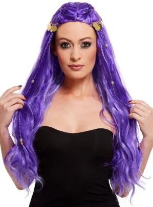 Long Purple Fortune Teller Womens Costume Wig with Coins