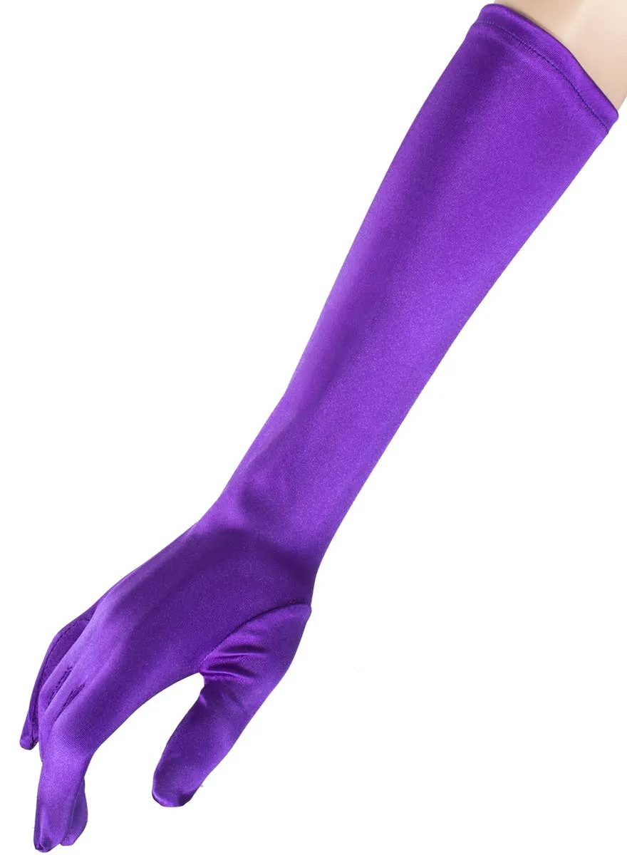 Long Purple Satin Elbow Length Costume Gloves