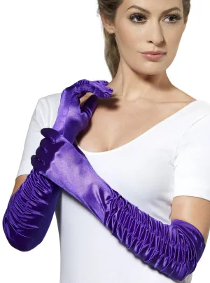Long Purple Satin Side Ruche Costume Gloves