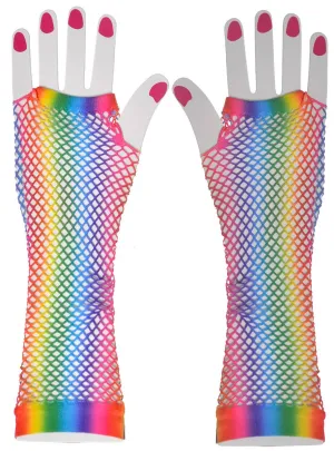Long Rainbow Striped Fishnet Costume Gloves