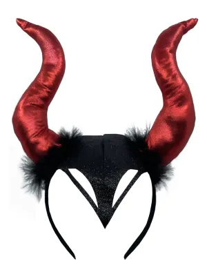 Long Red Devil Costume Horns With Feather Trim