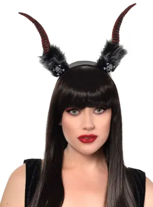 Long Red Devil Horns Headband with Fluffy Grey Fur Trim