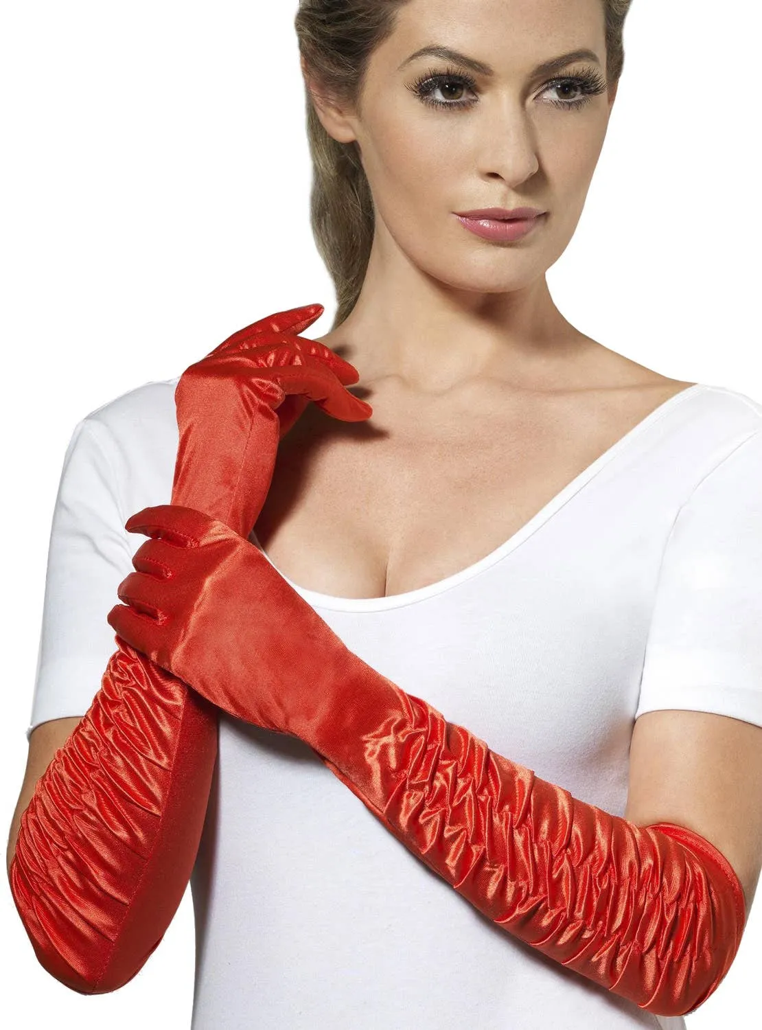 Long Red Satin Side Ruche Costume Gloves