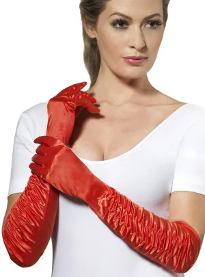 Long Red Satin Side Ruche Costume Gloves