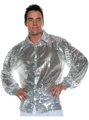 Long Sleeve Mens Silver Sequin 70s Disco Costume Shirt