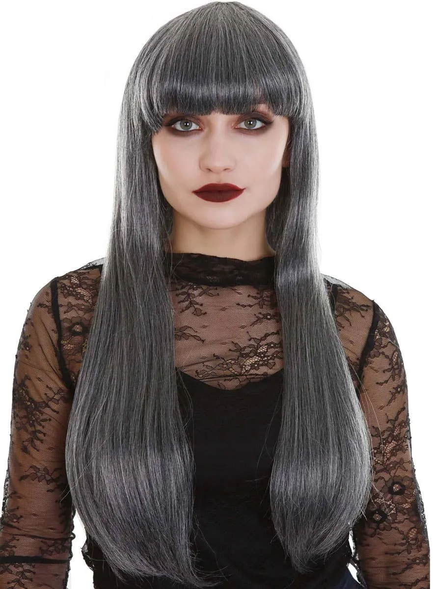 Long Straight Grey Womens Costume Wig with Fringe