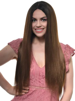 Long Straight Rich Brown Rooted Fashion Wig with Lace Part