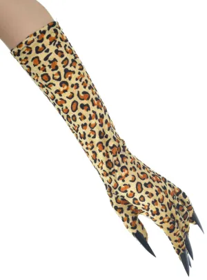 Long Velvet Leopard Print Costume Gloves with Black Nails