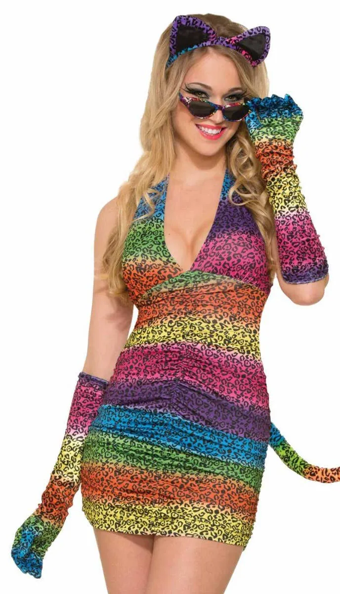 Long Velvet Rainbow Leopard Print Gloves