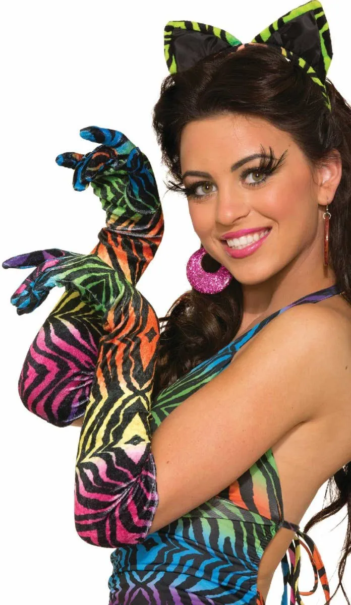 Long Velvet Rainbow Tiger Print Gloves