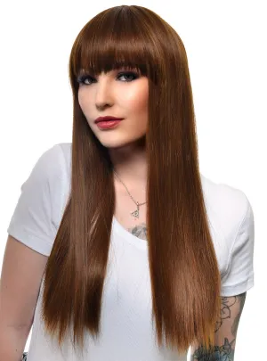 Long Warm Brown Womens Fashion Wig with Fringe