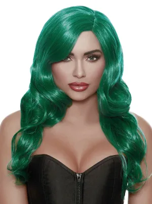 Long Wavy Green Womens Costume Wig with Side Part