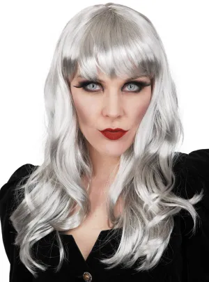 Long Wavy Grey Womens Costume Wig with Fringe