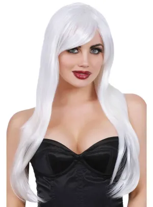 Long White Layered Womens Costume Wig with Side Fringe