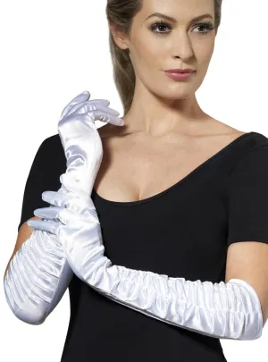 Long White Satin Side Ruche Costume Gloves