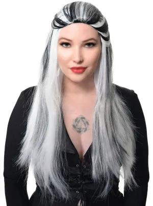 Long White Womens Costume Wig With Black Streaks