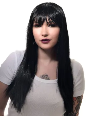 Long Womens Straight Black Costume Wig with Fringe