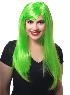 Long Womens Straight Neon Green Costume Wig with Fringe