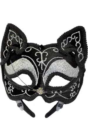 Luxury Black Cat Face Womens Masquerade Mask on Headband