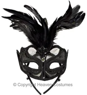 Luxury Black Mesh and Feather Masquerade Mask on Headband
