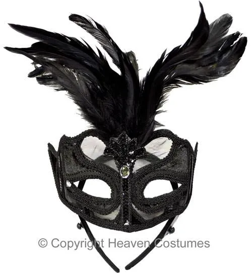 Luxury Black Mesh and Feather Masquerade Mask on Headband