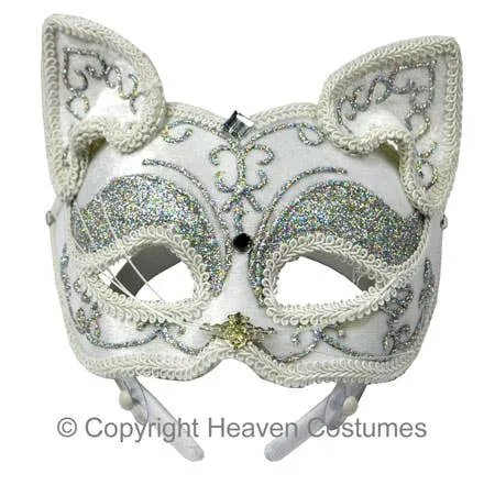 Luxury White Cat Face Womens Masquerade Mask on Headband