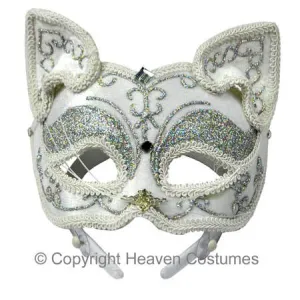 Luxury White Cat Face Womens Masquerade Mask on Headband