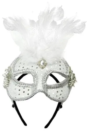 Luxury White Mesh and Feather Masquerade Mask on Headband