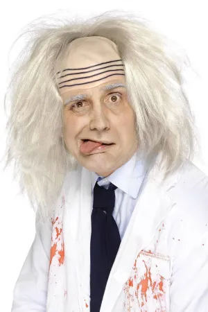 Mad Scientist Mens Blonde Grey Costume Wig With Bald Cap Front