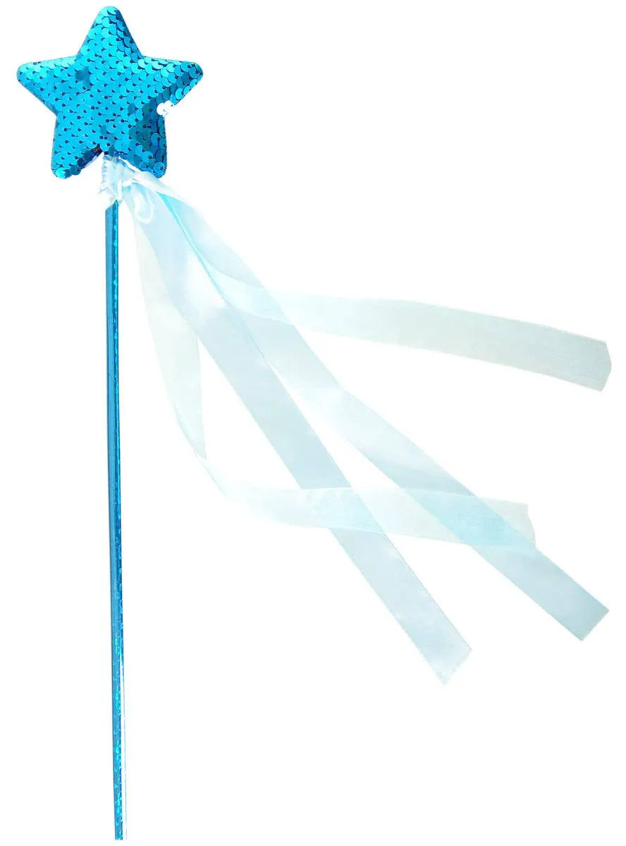 Magical Blue Sequin Star Costume Wand with Ribbons