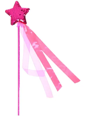 Magical Pink Sequin Star Costume Wand with Ribbons