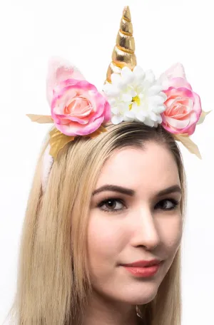 Magical Pink Unicorn Headband with Flowers