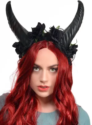 Maleficent Black Horns and Roses Costume Headband