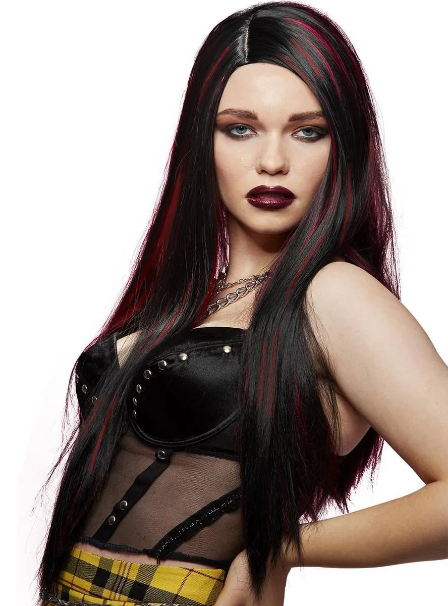 Manic Panic Super Vixen Long Black Costume Wig with Red Streaks